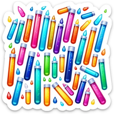 Create an icon that represents decorative arts using epoxy resin in tubes. The design should feature colorful tubes of resin, including fluorescent resin tubes, with visible drops or strokes of resin being applied to create intricate designs. Include examples of finished resin jewelry or decorative pieces, such as pendants, rings, or abstract art. The composition should feel vibrant and artistic, highlighting the creative and glowing nature of resin crafting. The background should be transparent. sticker