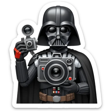 A cel-shaded illustration in the style of Borderlands, featuring Darth Vader holding a retro film camera instead of a lightsaber. Use bright, high contrast and bold outlines. No background, transparent. sticker