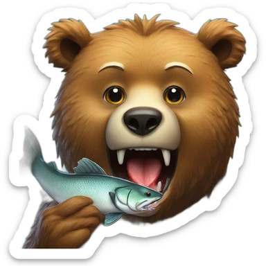scary bear eating a fish with his mouth realistic sticker