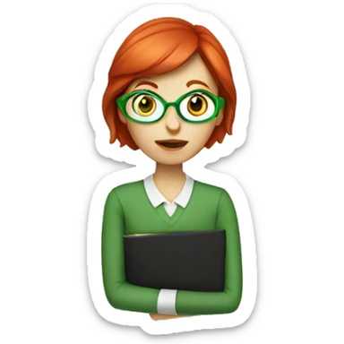 red hair female english teacher with green face sticker