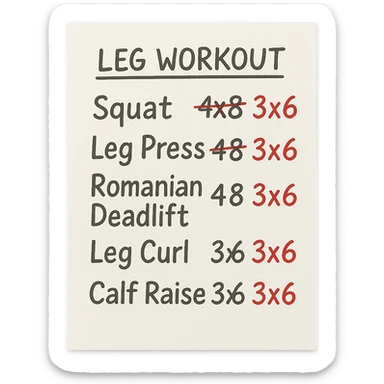 foglio di carta con scheda di allenamento gambe con volume di allenamento ridotto (fai alcuni esercizi con 4x8 scritti in precedenza sbarrati in rosso e la correzione accanto tipo 3x6), scrivila al meglio che puoi sticker
