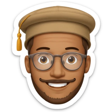 Brown man smiling with hat, clear glasses and goatee sticker