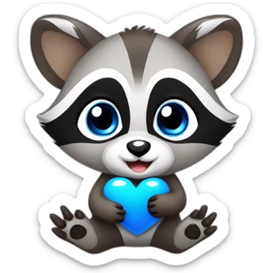 a baby raccoon with a blue heart in his hands sticker