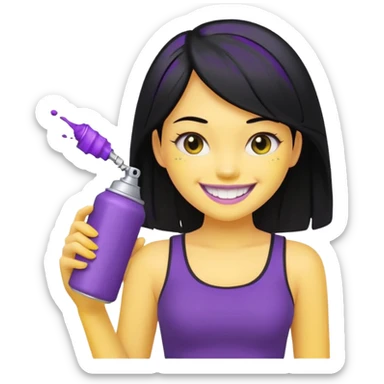 fair-skinned girl, black crop top, beautiful black hair, big yellow-toothed smile, holding purple and silver spray can, genmoji emoji style, reference attached can sticker