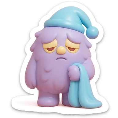 fluffy monster wearing a nightcap, holding a blanket, eyes drooping, soft lighting, vinyl figure style sticker