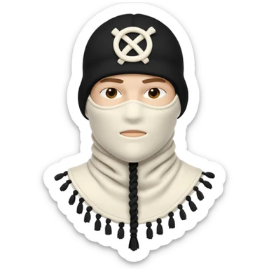 Deconstructed off-white balaclava with frayed layers, rope tassels, subtle embroidery. Studio photo, white bg, soft light. Streetwear luxury style.
 sticker