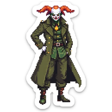 evil clown soldier, bald, small black horns on forehead, fangs, pointed ears, eye patch over one eye, long coat over black and military green clothes with bellbottom pants, realistically proportioned, less bulky, full body, fighting stance sticker