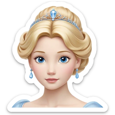 Cinematic Realistic Cinderella Portrait, depicted with lifelike skin texture, subtle rosy undertones, and soft natural lighting that enhances the gentle contours of her face. Her intricately detailed golden blonde hair is elegantly styled in an updo, with delicate wisps framing her face for added realism. Her deep, expressive blue eyes radiate warmth and sincerity, reflecting a quiet resilience and grace. She is dressed in her iconic ball gown, the fabric shimmering with intricate embroidery and fine translucent layers that catch the light beautifully. The soft sheen of satin gloves and the delicate sparkle of a glass-like slipper peeking from beneath her dress add a touch of magical realism. The portrait features an enchanting glow with a natural, luminous finish, seamlessly blending realism and fairytale charm to evoke a sense of depth, elegance, and timeless beauty. sticker