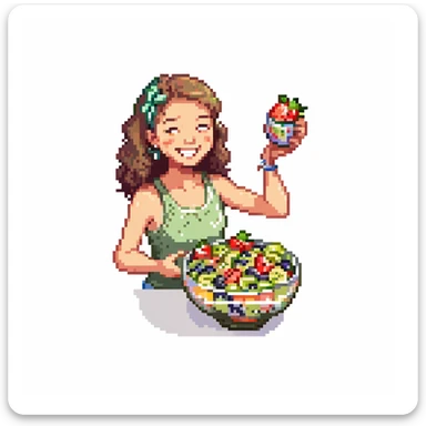 A cheerful person holding a glass bowl of colorful fruit salad with vibrant pieces of strawberries, kiwis, and blueberries visible. The person is wearing a casual, light-colored tank top and has a friendly, bright smile as they prepare to take a bite with a spoon. sticker