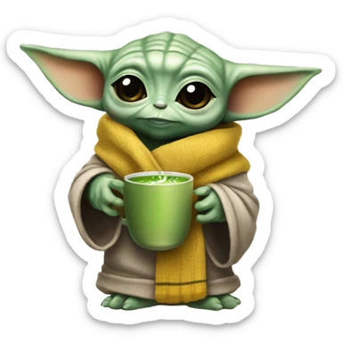 Grogu baby yoda holding a steaming cup of matcha wearing a hufflepuff scarf sticker