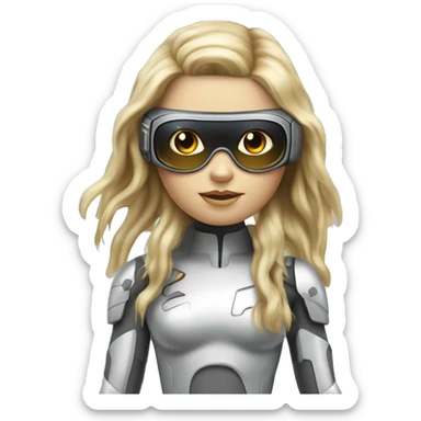 Brown long hair with blonde steaks female cyborg head, fair skin, space age goggles and circuits sticker