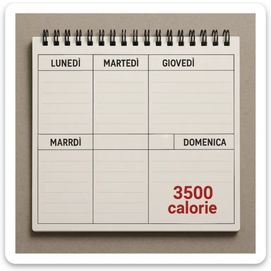 Hyperrealistic top-down view of a weekly calendar in Italian, showing days from Monday to Sunday. Only Saturday and Sunday have the text '3500 calorie' in bold red below, with no red circle on Friday. 4K details, desk atmosphere. sticker