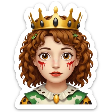 portrait woman short curly brown mullet hair brown eyes white skin with paint smeared cheeks and beetle crown sticker