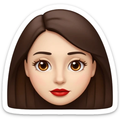 A woman emoji with fair skin, slightly wavy dark brown hair parted in the middle, an oval-shaped face, arched dark eyebrows, almond-shaped brown eyes, a small straight nose, and red lips. sticker