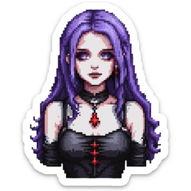 pixel art of a gothic woman with purple hair, witchy touch sticker