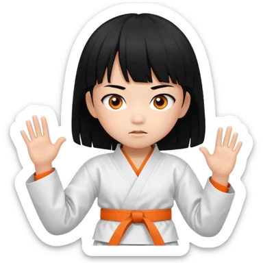 Asian child emoji with pinkish skin, black bangs, long black hair, orange eyes, wearing a white karate uniform sticker