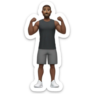 Full height Actively gesturing with hands Pale skinned Fit Man With the biceps and brown hair in dark gray Sleeveless Mike, black oversize sports shorts, watch and white Sneakers sticker