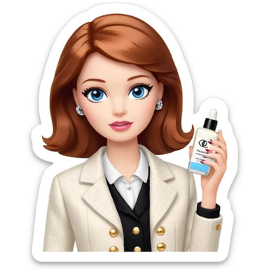 A Barbie girl with blue eyes, shoulder-length reddish-brown hair with makeup, wearing a white tweed jacket and a black skirt, holds chanel cream in her hand sticker