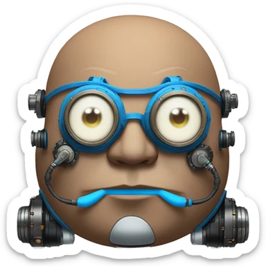 Fat bald cyborg head with blue steampunk goggles, brown beard and circuits sticker