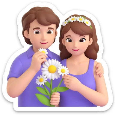 romantic emoji of a couple, one person placing a daisy in the other's hair, capturing a sweet and loving moment sticker
