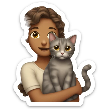 A beige-gray cat in the arms of a curly brown girl sticker