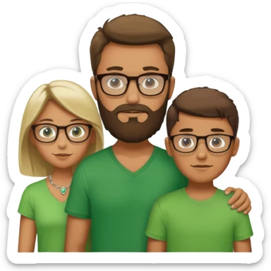 A family consisting of a man who's bearded, tanned, wearing glasses, a woman, slightly tanned, and a 14 year old teenage boy, slightly tanned, wearing a green t-shirt sticker