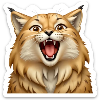 Cinematic-detailed-Yawning-Lynx-Portrait-Emoji – Head tilted slightly with a dramatic, wide-open yawn, revealing a sleek golden-brown fur coat with subtle spots, signature black ear tufts standing tall, round amber eyes barely open in drowsy contentment zoomed out to show the shoulders sticker