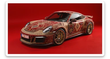 Closeup shot of a porsche 911, body of car made of russian carpet with patterns, red solid studio background,top low key light, dutch angle,  captured by ARRI 65 sticker