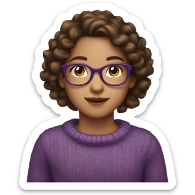 young girl, young hispanic, brown hair, long curly brown hair, brown eyes, purple winter sweater, glasses sticker
