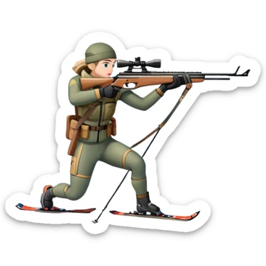 An icon showing a snowy landscape with pine trees, mountains, and a clear sky with a biathlete aiming a rifle in the foreground, wearing winter gear and skis. Transparent background emphasizes the precision, endurance, and beauty of this winter sport. sticker
