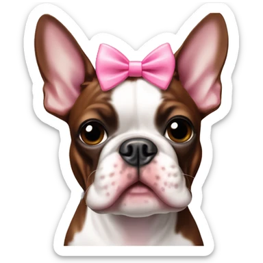 Red brindle Boston terrier with a pink bow on right ear sticker