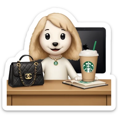 snoopy in a desk with starbucks and his chanel purse sticker