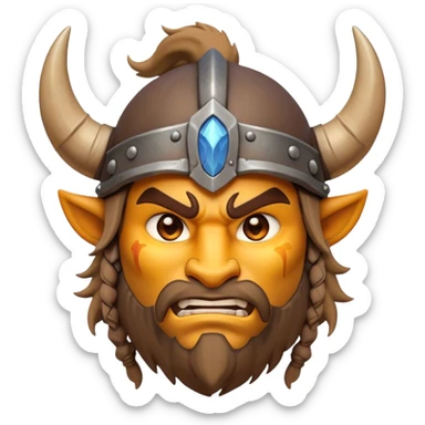 Clash of Clans aesthetic: Cinematic Fierce Barbarian Portrait Emoji, Poised and bold with a rugged yet cartoonish build in tattered furs and a horned helmet, his exposed skin a rich tan, expressive bright eyes and a confident smirk, Simplified yet dynamic features, highly detailed, glowing with a vivid, adventurous aura, high shine, heroic and spirited, stylized with an air of medieval warrior charm, focused and energetic, soft glowing outline, capturing the essence of a fearless barbarian adventurer ready to lead his clan with spirited valor! sticker