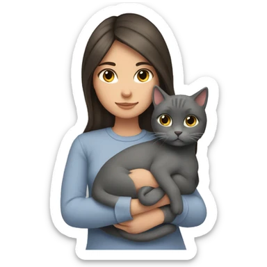 Brunette girl cuddling an all grey cat sticker