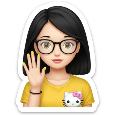 Nails cute with hello kitty wear glasses black long  hair wear, yellow shirt sticker