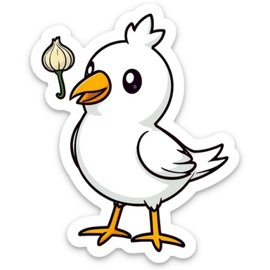 bird with the body of a garlic clove, cartoonish sticker style sticker