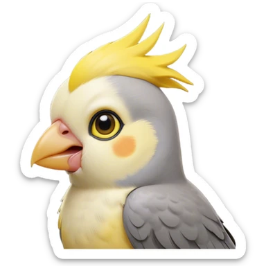 Cinematic Cute Cockatiel Portrait Emoji, Head tilted playfully and inquisitively, featuring a smooth grey fur with bright yellow accents and a perky crest, round, sparkling dark eyes filled with curiosity, Simplified yet irresistibly adorable features, highly detailed, glowing with a warm, friendly glow, high shine, affectionate and lively, stylized with a touch of whimsy, bright and endearing, soft glowing outline, capturing the essence of a mischievous yet loving cockatiel, so playful it feels like it could chirp out of the screen and into your arms! sticker