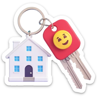 white keychain with a house-shaped key fob, 3D Emoji style, pure white color, soft shadows and highlights, transparent background, no decoration, with two keys sticker