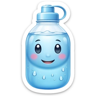 Cute Kawaii Water Bottle, round and bubbly, soft blue with tiny water droplets around, a happy smiling face, gentle glowing highlights, fresh and refreshing vibes! sticker