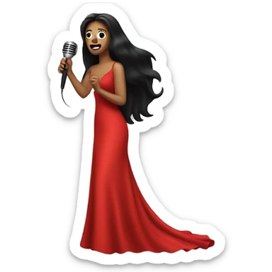 Singer, with long black hair, wearing a long red dress, singing with microphone in her hand sticker