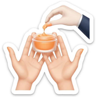 Minimal emoji of 2 hands gently applying skincare cream, soft nude and peach tones, clean beauty aesthetic, calm and elegant, subtle glow sticker