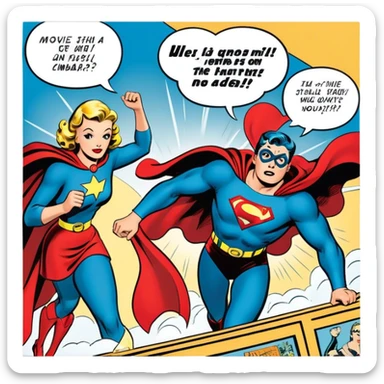 Icon for Vintage American Comics: an open comic magazine with classic 1940s-1950s American comic art, featuring superheroes in bold, bright colors, with action panels and exaggerated speech bubbles. The icon should represent the nostalgic style of vintage comics. Transparent background. sticker