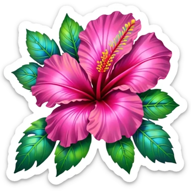Lush Hibiscus flowers. resolution of 5000x5800 pixels. transparent background. The design should emphasize clean, thin, and smooth lines to enhance the visual appeal. Hibiscus flowers should be depicted in iridescent, holographic, and vivid colors. Surround the flowers with realistic leaves, 8k sticker