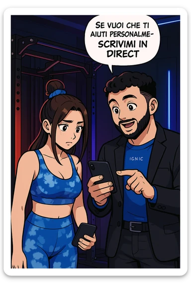 TRASFORMA QUESTO CAROSELLO IN UN FUMETTO STILE WEBTOON/MANGA A COLORI CON QUESTE DUE PERSONE IDENTICHE CHE INTERLOQUISCONO TRA LORO, L'UOMO MOSTRA UNO SMARTPHONE ALLA DONNA INDICANDOLO, E ANCHE LA DONNA HA LO SMARTPHONE IN MANO PER ANDARE A SEGUIRE IL SUO PROFILO INSTAGRAM:

LUI (UOMO): Se vuoi che ti aiuti personalmente
SCRIVIMI IN DIRECT sticker