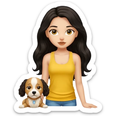 brown pretty bratz girl with long wavy black hair, wearing a yellow tank top with a dog sticker