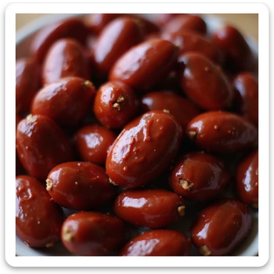 realistic candied almonds with a glossy dark red candy coating, close-up, appetizing, no background sticker