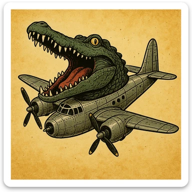 surreal hybrid character with a crocodile head with open mouth and sharp teeth merged with the metallic body of a WWII bomber plane including wings and propellers, absurd and satirical in the spirit of the Italian Brainrot meme trend sticker