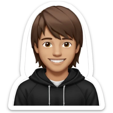 20 yr old man, brown hair, straight, big smile, white teeth, tanned skin, bangs, black hooded sweatshirt, long hair in back, middle parted bangs sticker