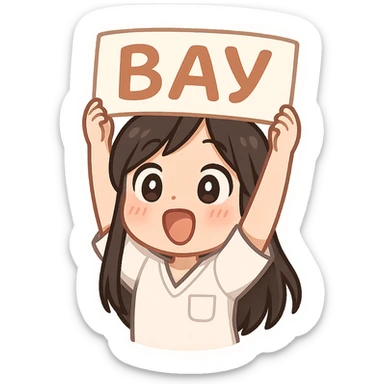 3D chibi bitmoji style sticker of a girl with long dark hair, white medical top, holding a sign above her head that says 'ВАУ', very happy and surprised face, white outline, transparent background sticker