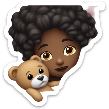 white girl with dark black hair cuddles with teddy bear in a pink fluffy blanket  sticker